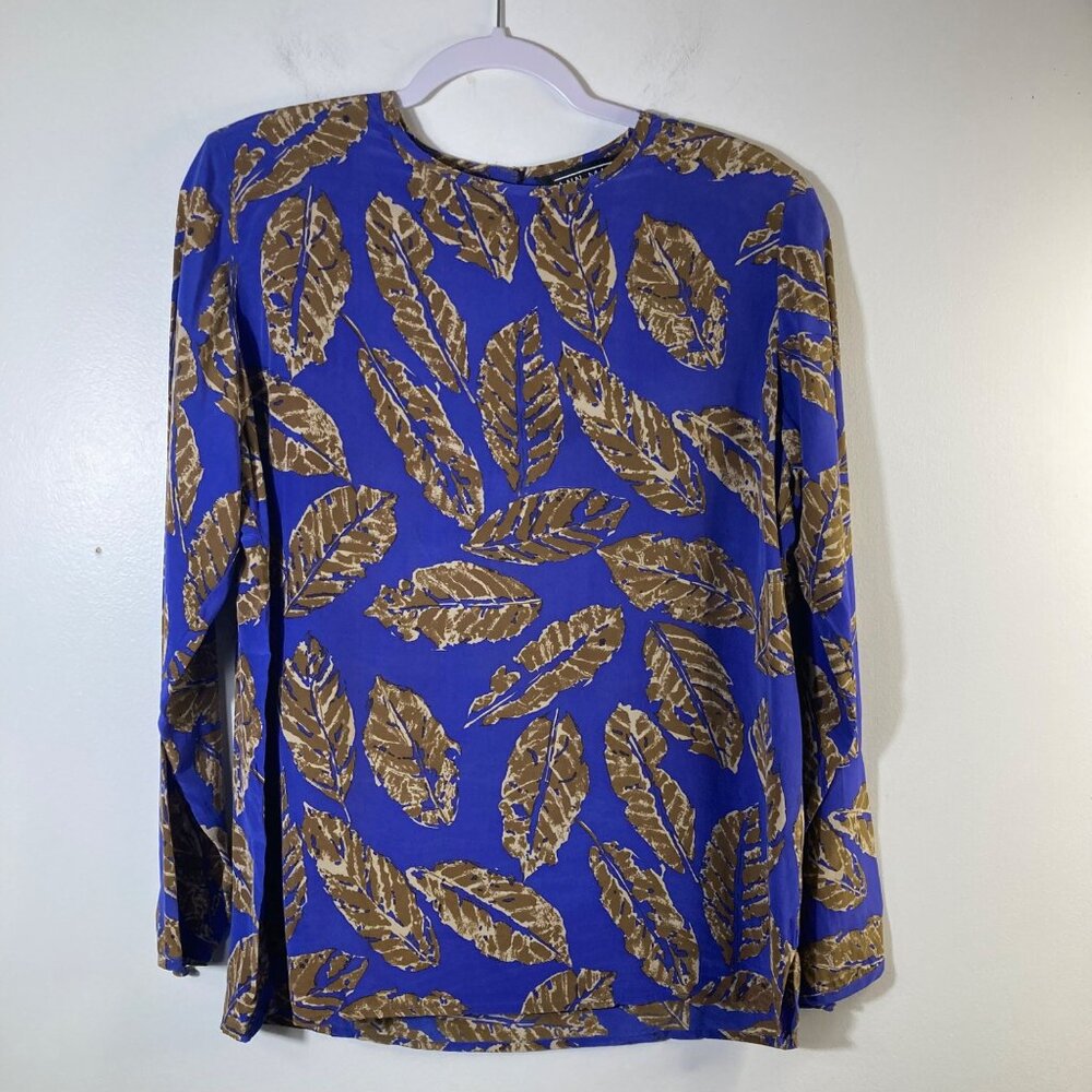 Womens‎ Vintage Ann May Silk Blouse Leaf Pattern Blue Brown M Silk